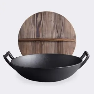 Buy SOGA 36CM Commercial Cast Iron Wok FryPan with Wooden Lid Fry Pan Online - Home & Living/Kitchen & Dining/Cookware/Frying Pans - 2 - NZ Depot Free Shipping