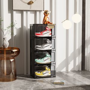 SOGA 4 Tier Black Portable Shoe Organiser Sneaker Footwear Folding Plastic Bin Stackable Storage Box with Magnetic Door, Furniture, Storage & Shelving, Shoe Storage, , ,  - NZ DEPOT 2