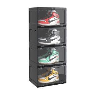 SOGA 4 Tier Black Portable Shoe Organiser Sneaker Footwear Folding Plastic Bin Stackable Storage Box with Magnetic Door, Furniture, Storage & Shelving, Shoe Storage, , ,  - NZ DEPOT 1