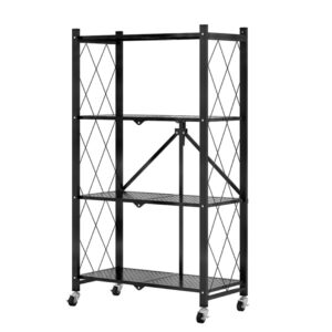 SOGA 4 Tier Steel Black Foldable Kitchen Cart Multi-Functional Shelves Portable Storage Organizer with Wheels, Garden, Tools & Hardware, Garage Storage & Organisation, Utility Shelves, , ,  - NZ DEPOT 1