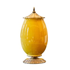 SOGA 40.5cm Ceramic Oval Flower Vase with Gold Metal Base Yellow, Home & Living, Home Decor, Vases, , ,  - NZ DEPOT 1