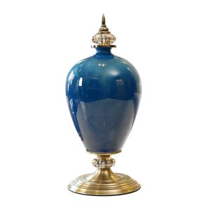 SOGA 42.50cm Ceramic Oval Flower Vase with Gold Metal Base Dark Blue, Home & Living, Home Decor, Vases, , ,  - NZ DEPOT 1