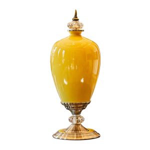 SOGA 42.50cm Ceramic Oval Flower Vase with Gold Metal Base Yellow, Home & Living, Home Decor, Vases, , ,  - NZ DEPOT 1