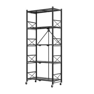 SOGA 5 Tier Steel Black Foldable Display Stand Multi-Functional Shelves Portable Storage Organizer with Wheels, Garden, Tools & Hardware, Garage Storage & Organisation, Utility Shelves, , ,  - NZ DEPOT 1