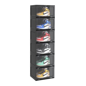 SOGA 6 Tier Black Portable Shoe Organiser Sneaker Footwear Folding Plastic Bin Stackable Storage Box with Magnetic Door, Furniture, Storage & Shelving, Shoe Storage, , ,  - NZ DEPOT 1