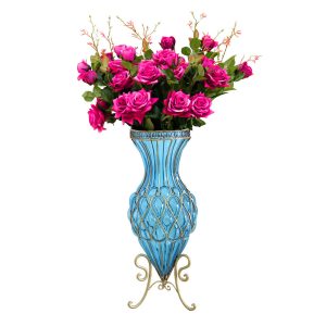 Soga 67Cm Blue Glass Tall Floor Vase And 12Pcs Dark Pink Artificial Fake Flower Set Nz Depot - Nz Depot