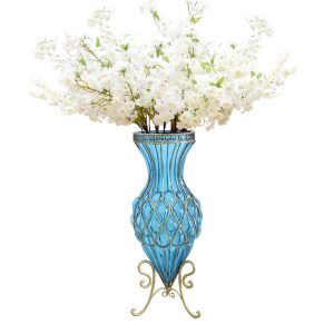 SOGA 67cm Blue Glass Tall Floor Vase with 10pcs White Artificial Fake Flower Set, Home & Living, Home Decor, Vases, , ,  - NZ DEPOT 1