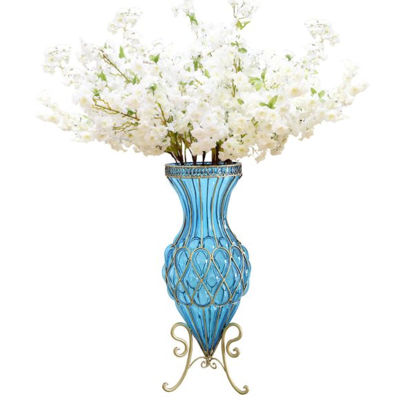 SOGA 67cm Blue Glass Tall Floor Vase with 10pcs White Artificial Fake Flower Set, Home & Living, Home Decor, Vases, , ,  - NZ DEPOT 1