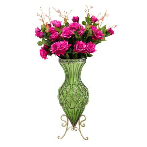 SOGA 67cm Green Glass Tall Floor Vase and 12pcs Dark Pink Artificial Fake Flower Set, Home & Living, Home Decor, Vases, ,  - NZ DEPOT 1