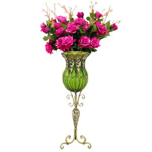 SOGA 85cm Green Glass Tall Floor Vase and 12pcs Dark Pink Artificial Fake Flower Set, Home & Living, Home Decor, Vases, ,  - NZ DEPOT 1