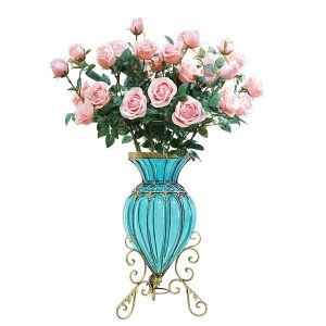 SOGA Blue Colored Glass Floor Flower Vase 8 Bunch 5 Heads Artificial Fake Silk Rose Home Decor Set, Home & Living, Home Decor, Vases, , ,  - NZ DEPOT 1