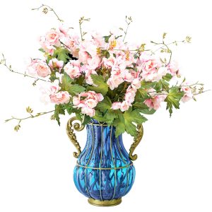 SOGA Blue Colored Glass Flower Vase with 8 Bunch 3 Heads Artificial Fake Silk Hibiscus Home Decor Set, Home & Living, Home Decor, Vases, ,  - NZ DEPOT 1