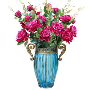 SOGA Blue Colored Glass Flower Vase with 8 Bunch 5 Heads Artificial Fake Silk Rose Home Decor Set, Home & Living, Home Decor, Vases, , ,  - NZ DEPOT 1