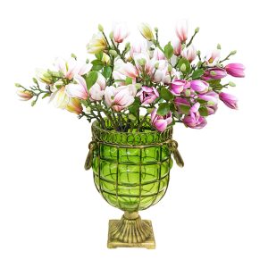 Soga Green Glass Flower Vase With 6 Bunch 4 Heads Artificial Fake Silk Magnolia Denudata Home Decor Set Nz Depot - Nz Depot