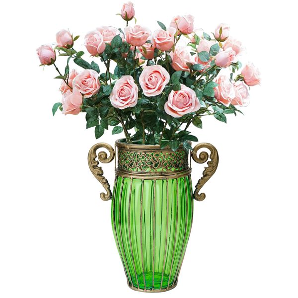 SOGA Green Glass Flower Vase with 8 Bunch 5 Heads Artificial Fake Silk Rose Home Decor Set, Home & Living>Home Decor>Vases, , , , ,  - NZ DEPOT 1