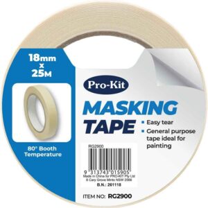 Masking Tape 25mtr x 18mm- Excellent adhesion on dry or clean surface- Flexible and conformable- Stable and economical with thicknesses- Easily removed without leaving residue or damaging the surface- Ideal for wall