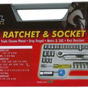 Multi-Drive Metric and SAE Socket 52 Pieces Set - Reversible ratchet handle with a non-slip deeply knurled grip handle -  6-Point sockets snugly fit hex-shaped fastener heads -  All tools are made from hardened chrome vanadium steel -  A corrosion-resistant chrome plated finish -  Tools are neatly stored in a sturdy case