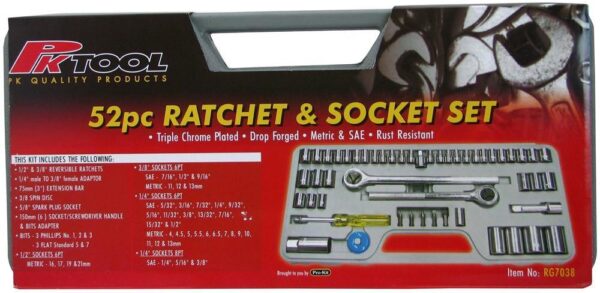 Multi-Drive Metric And Sae Socket 52 Pieces Set - Reversible Ratchet Handle With A Non-Slip Deeply Knurled Grip Handle -  6-Point Sockets Snugly Fit Hex-Shaped Fastener Heads -  All Tools Are Made From Hardened Chrome Vanadium Steel -  A Corrosion-Resistant Chrome Plated Finish -  Tools Are Neatly Stored In A Sturdy Case