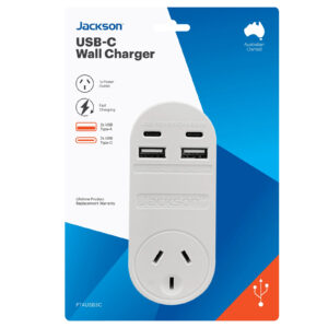 Jackson PT4USB3C USB 3.4A Wall Charger. Includes 2x USB-A & 2x USB-C Ports Plus 1x 3-Pin Socket.230-240Vac