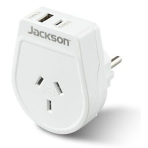 Jackson PTA8810USBMC Slim Outbound Travel Adaptor 1x USB-A and 1x USB-C (2.1A) Charging Ports - ConvertsNZ/AUSPlugs for use in Europe