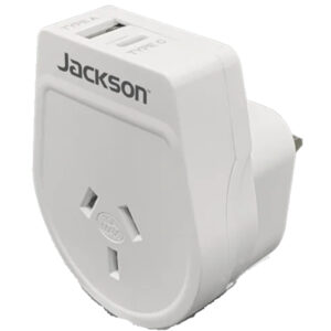 Jackson PTA8811USBMC Slim Outbound Travel Adaptor 1x USB A and 1x USB C 2.1A Charging Ports. ForincomingTourists from USA Japan UK Hong Kong. Converts Plugs for use NZDEPOT - NZ DEPOT