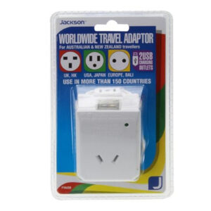 Jackson universal PTAUSB Outbound Travel Adaptor. includes 2 x USB CHarging Ports. Converts NZ/Aust plug sfor use in more than 150 countries. - NZ DEPOT