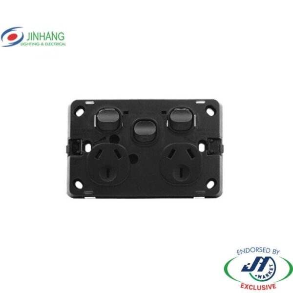 Jinhang Slim 10A Double Wall Socket With Extra Switch Black - Jhe-Ks316-Bk-Nz -  - Switches &Amp; Sockets - Electrical