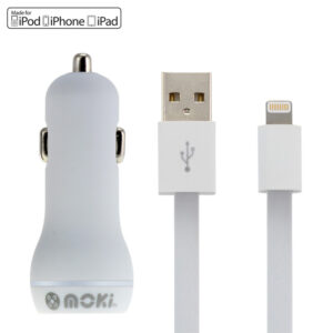 Moki SynCharge ACC-MUSBLCAR Lightning Cable + Car Charger - 90cm - White - NZ DEPOT