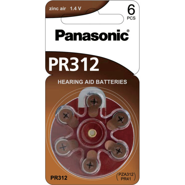 Panasonic PR312 genuine 6pc card Hearing Aid PR41 1.4v Zinc air button cell Battery 130MAH PZA312 PR41 312HPX 312AP 3.6 x 7.9 mm Weigt 0.5G Not rechargeable - NZ DEPOT