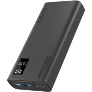 Promate BOLT-20PROBK 20000mAh Power Bank With Smart LED Display & Super Slim Design. Includes 2x USB-A & 1x USB-C Ports. 2A (Shared) Charging. Auto Voltage Regulation. Charge 3x Devices. Black Colour. - NZ DEPOT