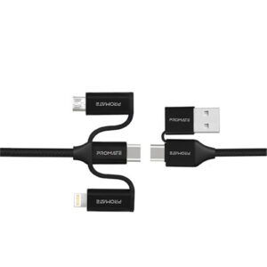 Promate PENTAPOWER.BLK 6 in 1 Hybrid 1.2m Multi Connector Cable for Charging Data Transfer. 60W Power Delivery USB C to USB C. Micro USD USB C Lightning Connector. Black Colour. NZDEPOT - NZ DEPOT