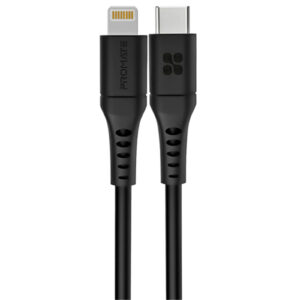 Promate POWERLINK 120.BK 1.2m 20W PD USB C to Lightning Charge Sync Cable For Apple iPhone iPad iPad Mini Soft Touch Silicone Anti Snap Tangle Free Design Black Not MFI Certified NZDEPOT - NZ DEPOT