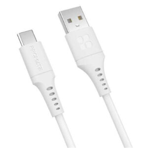 Promate POWERLINK-AC200W 2m USB-A to USB-C Data & Charge Cable. Data Transfer Rate 480Mbps. Total Current3A.Durable Soft Silcon Cable. Tangle Resistant 25000+ Bend Tested. White - NZ DEPOT