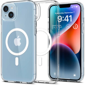 Spigen iPhone 14 6.1 Ultra Hybrid Magfit Clear Phone Case White Ring Certified Military Grade Protection Clear Durable Back Panel TPU bumper MagSafe Compatible Clear Case with White MagfIt Ring NZDEPOT - NZ DEPOT