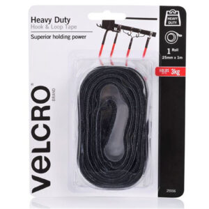 Velcro VEL25556 25mm x 1m Heavy Duty Hook Loop Tape. Designed for Attaching Items Indoors Where a Strong Bond is Required with Superior Holding Power up to 3kgs. Black Colour NZDEPOT - NZ DEPOT