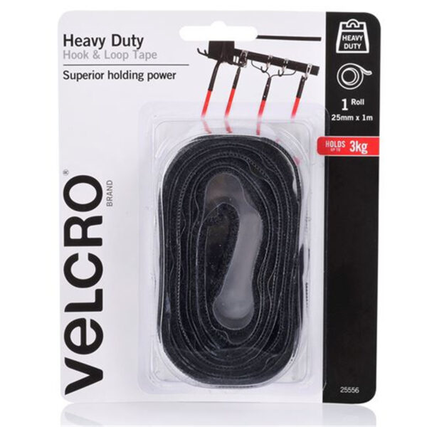 Velcro VEL25556 25mm x 1m Heavy Duty Hook & Loop Tape. Designed for Attaching Items Indoors WhereaStrong Bond is Required with Superior Holding Power up to 3kgs. Black Colour - NZ DEPOT