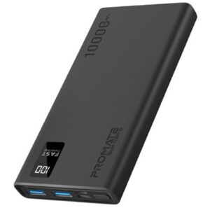 Promate BOLT-10PRO 10000mAh Power Bank with Smart LED Display & Super Slim Design - Includes 2x USB-A & 1xUSB-C Ports 2A (Shared) Charging - Auto Voltage Regulation - Charge 3x Devices - Black Colour - NZ DEPOT