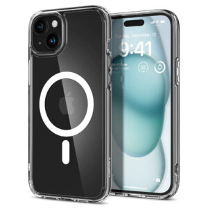Spigen iPhone 15 6.1 Ultra Hybrid Magfit Clear Phone Case Transparent Certified Military Grade Protection Clear Durable Back Panel TPU bumper MagSafe Compatible Clear Case with White MagfIt Ring NZDEPOT - NZ DEPOT