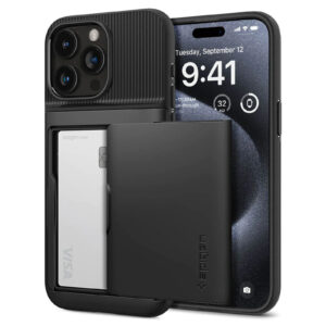 Spigen iPhone 15 Pro 6.1 Slim Armor Card Slot Case Black Slim Dual Layer Wallet Design with Card Slot Holder Air Cushion Technology Certified Military Grade Protection NZDEPOT - NZ DEPOT