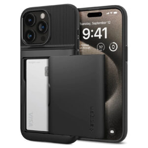 Spigen iPhone 15 Pro Max 6.7 Slim Armor Card Slot Case Black Slim Dual Layer Wallet Design with Card Slot Holder Air Cushion Technology Certified Military Grade Protection NZDEPOT - NZ DEPOT
