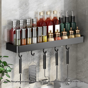 SOGA 2X 32cm Black Wall-Mounted Rectangular Kitchen Spice Storage Organiser Space Saving Condiments Shelf Rack with Hooks, Kitchen & Dining, Kitchen Storage, Kitchen Organisation, Spice Organisers, ,  - NZ DEPOT 2