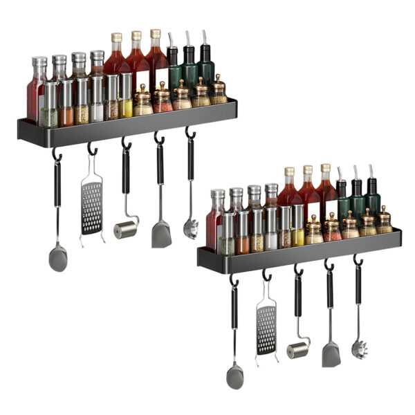 SOGA 2X 30cm Black Wall-Mounted Rectangular Kitchen Spice Storage Organiser Space Saving Condiments Shelf Rack with Hooks, Kitchen & Dining, Kitchen Storage, Kitchen Organisation, Spice Organisers, ,  - NZ DEPOT 1