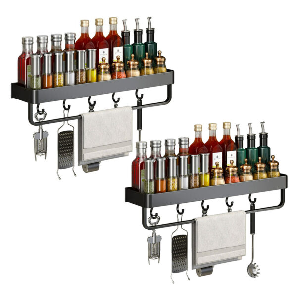 SOGA 2X 50cm Black Wall-Mounted Rectangular Kitchen Spice Storage Organiser Space Saving Condiments Shelf Rack with Hooks, Kitchen & Dining, Kitchen Storage, Kitchen Organisation, Spice Organisers, ,  - NZ DEPOT 1