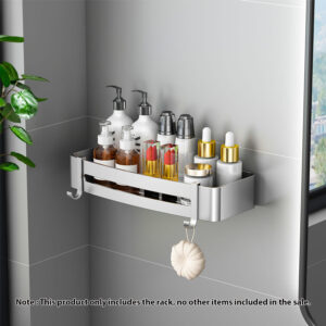 SOGA 2X Silver Wall-Mounted Rectangular Bathroom Storage Organiser Space Saving Adhesive Shelf Rack with Hooks, Home, Bathroom, Bathroom Accessories, Bathroom Storage, ,  - NZ DEPOT 2