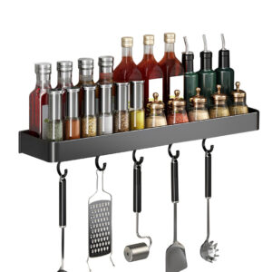 SOGA 32cm Black Wall-Mounted Rectangular Kitchen Spice Storage Organiser Space Saving Condiments Shelf Rack with Hooks, Kitchen & Dining, Kitchen Storage, Kitchen Organisation, Spice Organisers, ,  - NZ DEPOT 1