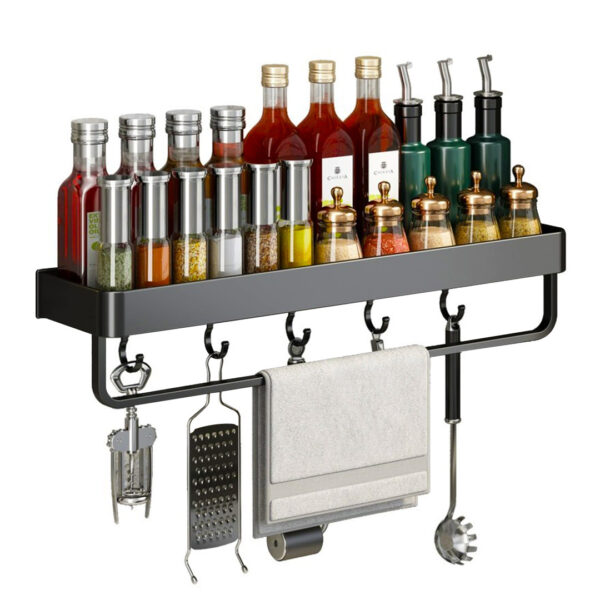 SOGA 50cm Black Wall-Mounted Rectangular Kitchen Spice Storage Organiser Space Saving Condiments Shelf Rack with Hooks, Kitchen & Dining, Kitchen Storage, Kitchen Organisation, Spice Organisers, ,  - NZ DEPOT 1