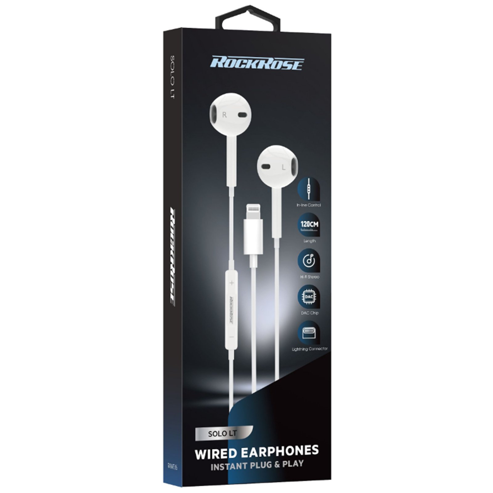 RockRose Solo LT Lightning InEar Headphones with DAC White, 120cm