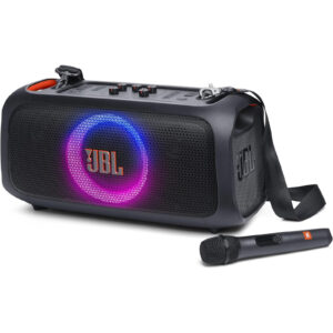 JBL PartyBox On-The-Go Essential 100W Wireless Portable Party Speaker - Includes 2x JBL Wireless Microphones - Bluetooth/USB/3.5mm AUX/guitar inputs IPX4 built-in sh