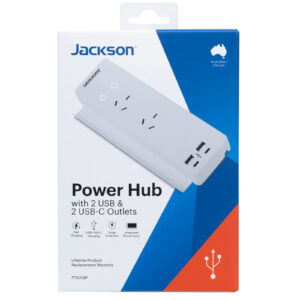 Jackson PT2USBP 10A Power Hub with 2x       USB-A 2x USB-C Ports & 2x 3Pin  PowerOutlets.Integrated Phone  Stand. Surge Protection. Indicator  Light. Cable Managemen