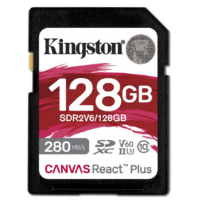 Kingston 128GB SDR2 V60 UHS-II Canvas React Plus V60 SD memory Card UHS-II U3 V60 up to 280MB/s read and 100MB/s write for DSLRs mirrorless cameras and 4K video prod